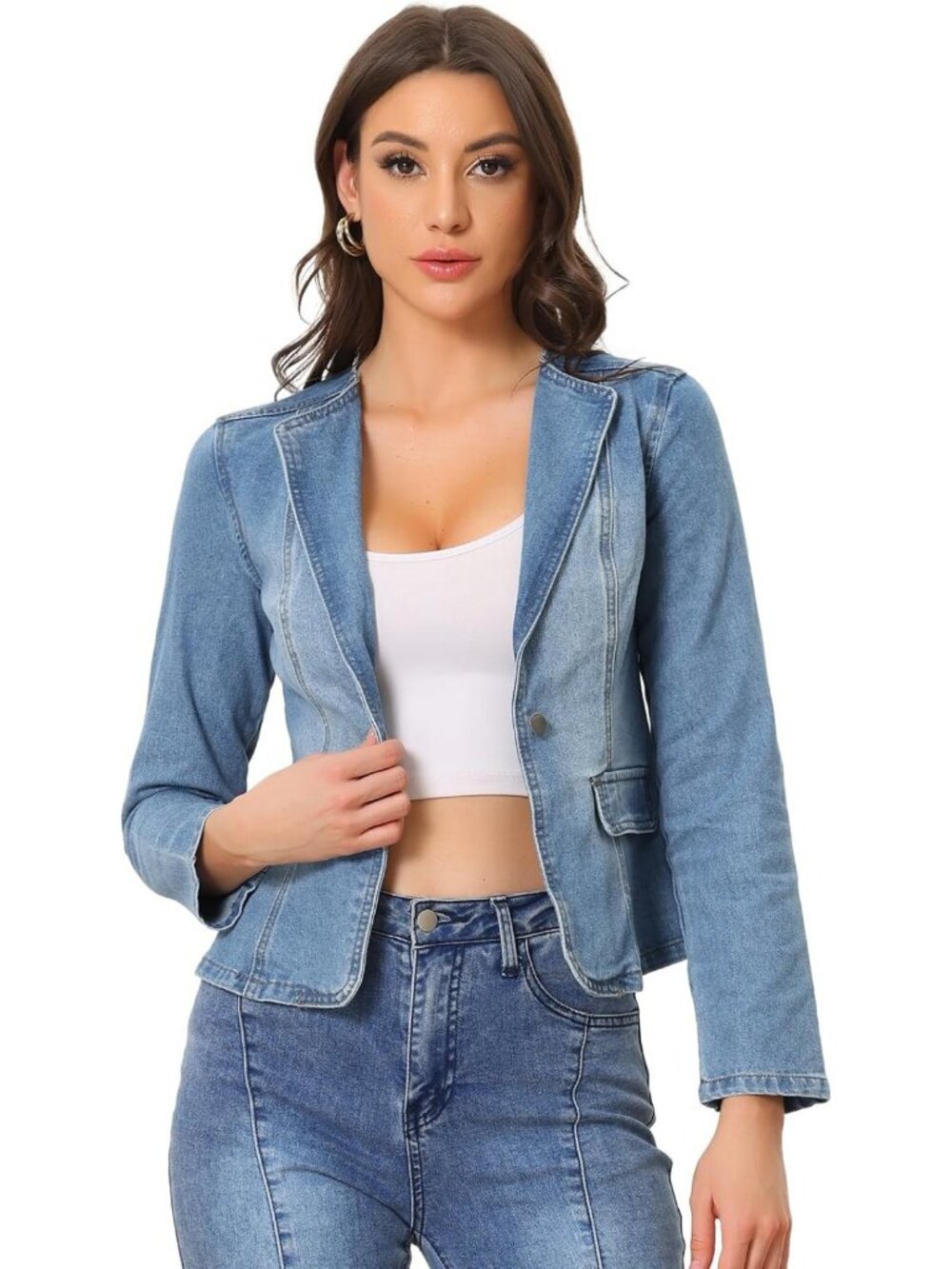 Chic Collarless Denim Blazer Jacket for Women - Fitted One Button Style